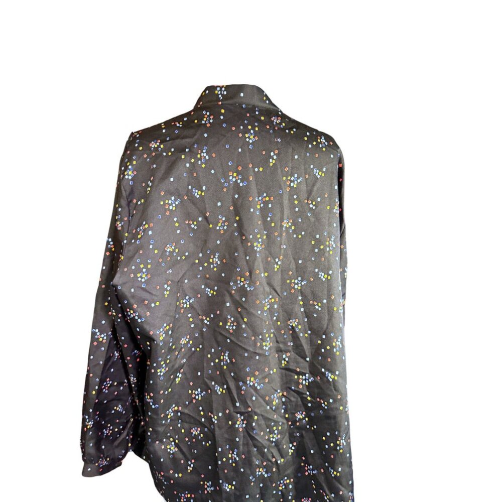 Vintage Ms. Bond Black Button-Up Blouse With Tie Neck & Colorful Confetti Print - Picture 5 of 7